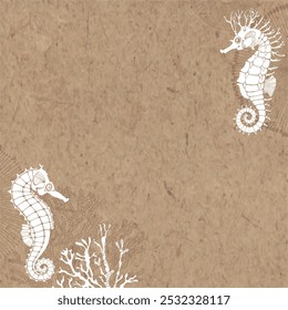 Pre-made design with sea ​​horse,  corals, sea creatures and place for text on kraft paper. Vector layout decorative greeting card or invitation design background. 