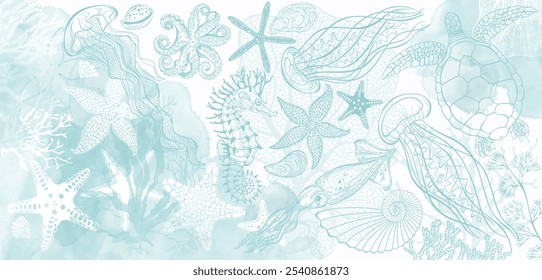  Pre-made design with  sea creatures and blue watercolor splashes. Vector layout decorative greeting card or invitation design background. 