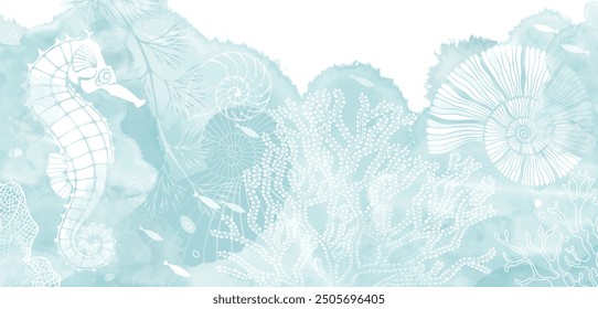  Pre-made design with seahorse, shells, fish, corals, sea creatures, watercolor splash and place for text. Vector layout decorative greeting card or invitation design background. 