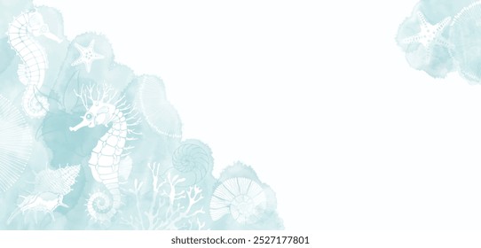  Pre-made design with seahorses, shells, nautilus,  starfish, corals, sea creatures, watercolor splash and place for text. Vector layout decorative greeting card or invitation design background. 