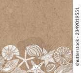 Pre-made design with seashells, starfish, corals and place for text on kraft paper. For cards, flyer, poster, banner, brochure, post in social networks, advertising, events and page cover.