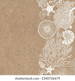 Pre-made design with seashells, starfish, corals, seaweed  and place for text on kraft paper. Vector layout decorative greeting card or invitation design background. 