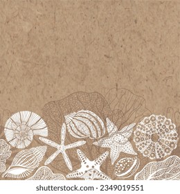 Pre-made design with seashells, starfish, corals and place for text on kraft paper. For cards, flyer, poster, banner, brochure, post in social networks, advertising, events and page cover.