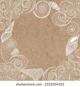 Pre-made design with seashells, waves and place for text on kraft paper. Vector layout decorative greeting card or invitation design background. 