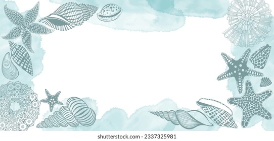 Pre-made design with shells, starfish and sea urchin , watercolor splash and place for text. Vector layout decorative greeting card or invitation design background. 