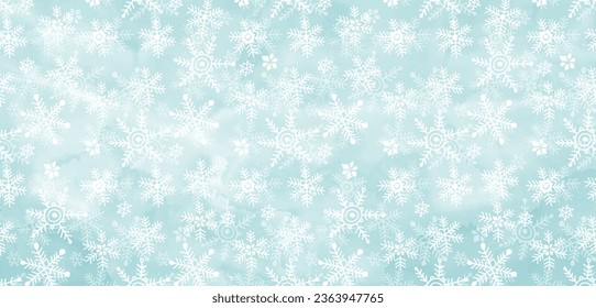Pre-made design with snowflakes for Christmas or New Year on a blue watercolor background. Vector layout decorative greeting card or invitation design background. 