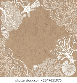 Pre-made design with waves, seashells, starfish, corals and place for text on kraft paper. For cards, flyer, poster, banner, brochure, post in social networks, advertising, events and page cover.