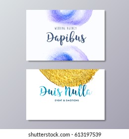 Premade fashion stylist business card design vector templates with watercolor stain background. Hand drawn gold foil texture and fashion branding identity.