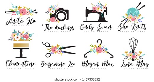 Premade floral logo with sewing machine, photo camera, scissors, cake, crochet yarn. Branding set for handmade clothes, instagram boutique, custom bakery, family photographers, hairstylist
