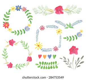 Pre-made frame flowers border and wreaths. A Vector Collection of Painted Colorful Flowers Watercolor on white isolation background. Elements for your design wedding invitations, save the date and etc