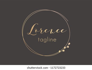 Premade golden logo design with minimalistic floral wreath. Feminine logotype template in elegant artistic style