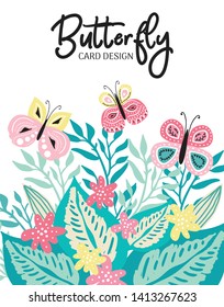 Premade greeting or business flyer and card design with colorful hand drawn butterfly and leaves. Sweet vector template 