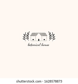 Premade Hand Drawn Logo with House and Floral element. Logo for spa and beauty salon, boutique, organic shop, wedding, floral designer, interior, photography, hotel, restaurant . Floral element