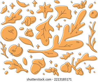 Pre-made line art collection of autumn forest items. Cute warm set. Hand drawn folk art vector illustration.