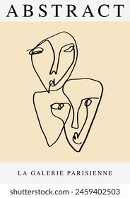 Pre-made line portrait interior poster, calm beige color palette. Abstract linear minimalistic face composition. Monochrome print for clothes, textile and other. Vector fashion illustration art