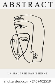 Pre-made line portrait interior poster, calm beige color palette. Abstract linear minimalistic face composition. Monochrome print for clothes, textile and other. Vector fashion illustration art