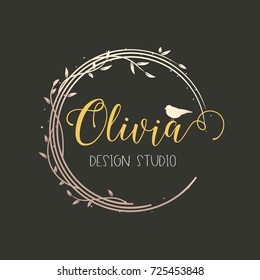 Premade Logo Design With Floral Wreath. Tree Branches, Leaves And Little Bird. Feminine Logotype Template