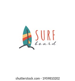 Pre-made logo design with surf board on the beach. Vector summer logotype