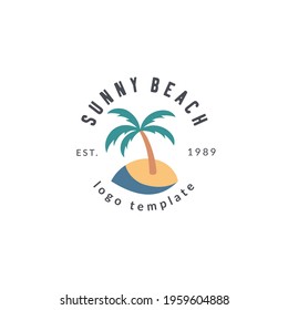 Pre-made logo dessign withpalm, sand and sea line. Vector summer logotype