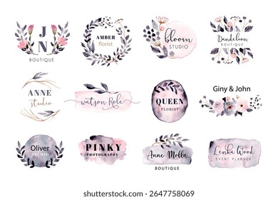 premade logo with grey pink brush stroke and floral watercolor