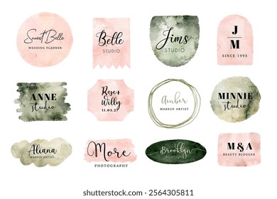 premade logo with pink green abstract shape watercolor collection