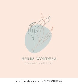 Premade Logo template with line drawing leaves illustraton, trendy earthy hues. Vector Illustration. Logotype for business, Branding, hand drawn