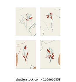 Pre-made neutral poster template set with hand-drawn geometric shapes and floral line art illustrations. Ready to use modern trendy design in minimalist style