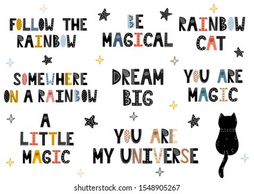 Pre-made phrases set in Scandinavian style. Hand drawn lettering collection. Quotes - Follow the Rainbow, Be Magical, Rainbow Cat, You are Magic, Dream Big, etc. Vector illustration