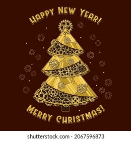 Pre-made postcard with christmas tree made of shiny brass, gold metal plates, gears, cogwheels, rivets in steampunk style.