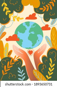 Un afiche hecho previamente sobre la protección del medio ambiente en un estilo minimalista. Ilustración vectorial.