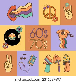 Pre-made poster with retro elements, vector set with groovy symbols (vinyl, mushroom, telephone, peace sign etc)