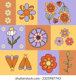 Pre-made poster with retro flowers, vector set with groovy colorful retro floral elements, moths and lady bugs