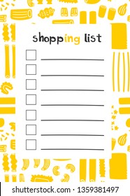 Pre-made shopping list with various tasty types of pasta on background. Hand drawn vector colored illustration in trendy style