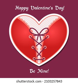 Pre-made Valentines Day greeting card. Red corset heart with lacing. Vector illustration for 14th of february.