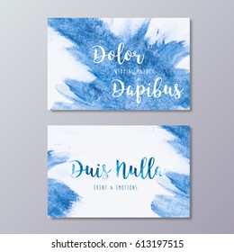 Premade wedding agency business card design templates. Hand drawn abstract blue watercolor splash texture and event manager branding identity.