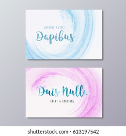 Premade wedding agency business card design templates. Hand drawn abstract pink watercolor paint brush texture and event manager branding identity.