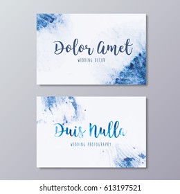 Premade wedding photography business card design. Hand drawn abstract blue watercolor texture and wedding branding identity.