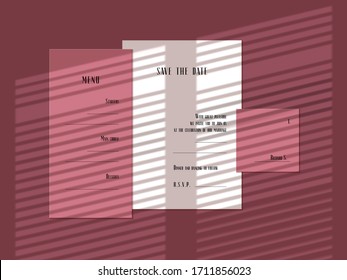 Pre-made wedding stationery template and mockup with blinds shadow overlay. Silhouette effect, trendy minimalist design for wedding, branding. Editable vector for print and presentations 