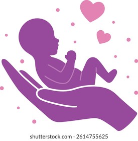 Premature Baby Care Vector Hand Holding Newborn Silhouette with Hearts and Love Symbols.