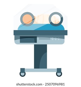 Premature baby incubator with newborn lying inside receiving newborn intensive care in hospital