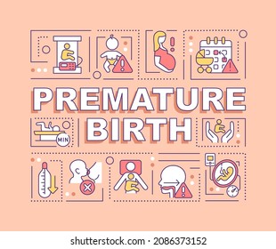 Premature birth word concepts banner. Preterm birth complications. Infographics with linear icons on orange background. Isolated creative typography. Vector outline color illustration with text