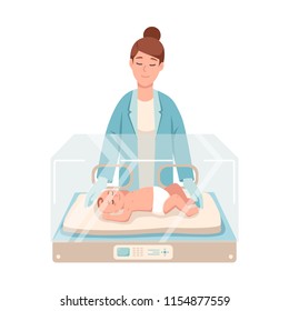 Premature Newborn Infant Lies Inside Neonatal Intensive Care Unit, Female Doctor Or Pediatric Nurse Stands Beside It And Checks. Baby Nursery. Colorful Vector Illustration In Flat Cartoon Style