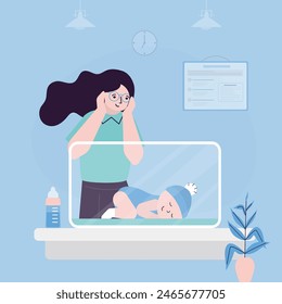 Premature newborn infant lies inside neonatal intensive care unit, mother or pediatric nurse stands beside it and checks. Healthcare and medical care. Baby nursery. Colorful flat vector illustration