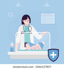 Premature newborn infant lies inside neonatal intensive care unit, doctor or pediatric nurse stands beside it and checks. Healthcare and medical care. Baby nursery. Colorful flat vector illustration