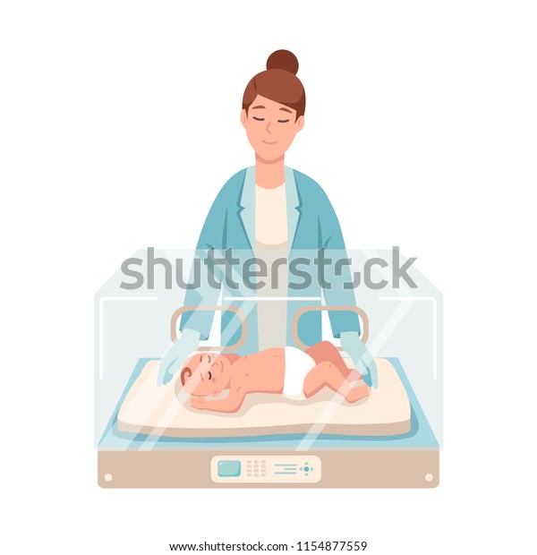 Premature newborn infant lies inside neonatal
intensive care unit, female doctor or pediatric nurse stands beside
it and checks. Baby nursery. Colorful vector illustration in flat
cartoon style