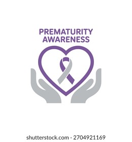 Emblema de conciencia de prematuridad, manos cariñosas, corazón de cuna, centro de cinta púrpura, Asistencia neonatal, cuidado familiar, campaña de caridad, Vector