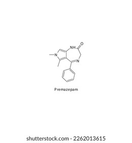 Premazepam flat skeletal molecular structure Benzodiazepine drug used in insomnia, anxiety treatment. Vector illustration.