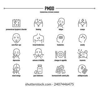 Premenstrual Dysphoric Disorder symptoms, diagnostic and treatment vector icons. Line editable medical icons.