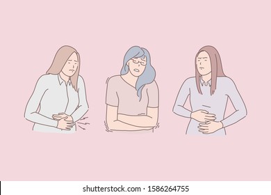 Premenstrual Syndrome, Menstrual Pain, Disease Symptoms Concept. Stomach Upset, Sickness, Griping, Indigestion, Young Women Suffering From Pain, Negative Emotions Facial Expression. Simple Flat Vector