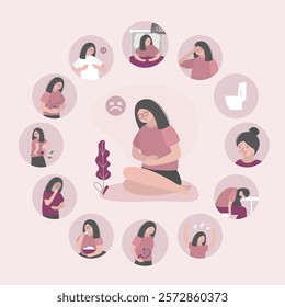 Premenstrual syndrome. Menstrual pain. PMS symptoms and treatment, infographic, banner template. Women abdominal pain and headache. Menstruation cycle, infographic. flat vector illustration